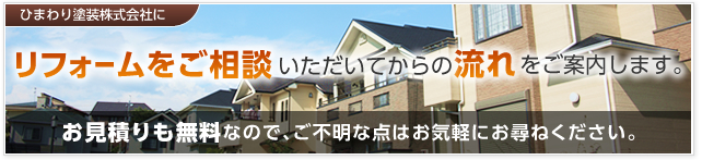 ひまわり塗装株式会社にリフォームをご相談いただいてからの流れをご案内します。 お見積りも無料なので、ご不明な点はお気軽にお尋ねください。